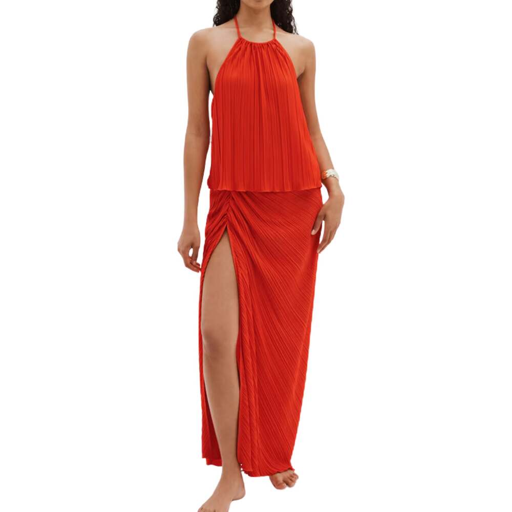 Good American Plisse Set Halter Top & Sarong Red XXS/XS NWT 2 Piece Matching Set